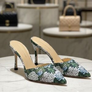 Elegant Floral Green and White Women's Heels